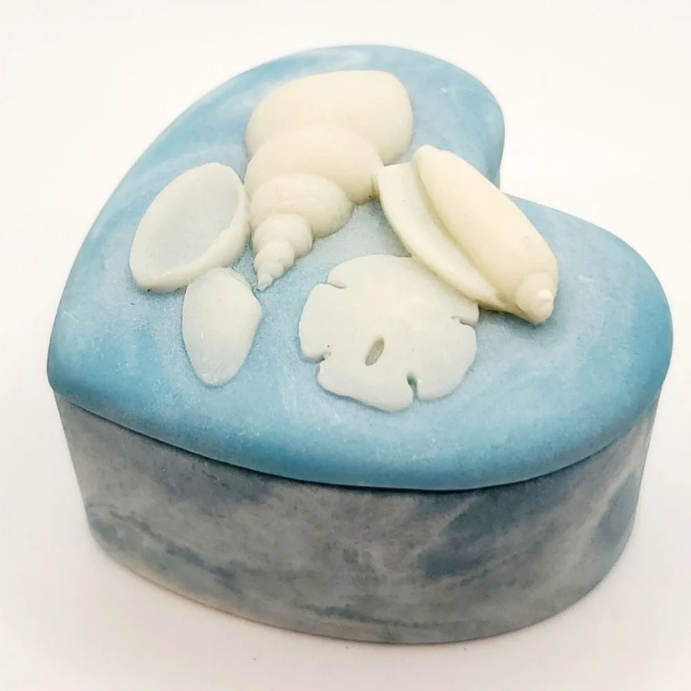 Vintage Heart-Shaped Trinket Box with Sea Shells on Lid